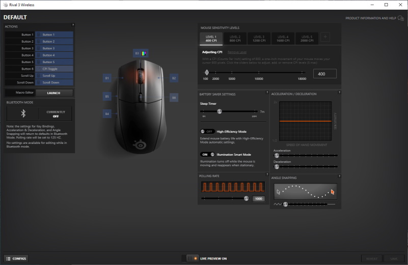 דף השליטה של Rival 3 Wireless ב-Engine