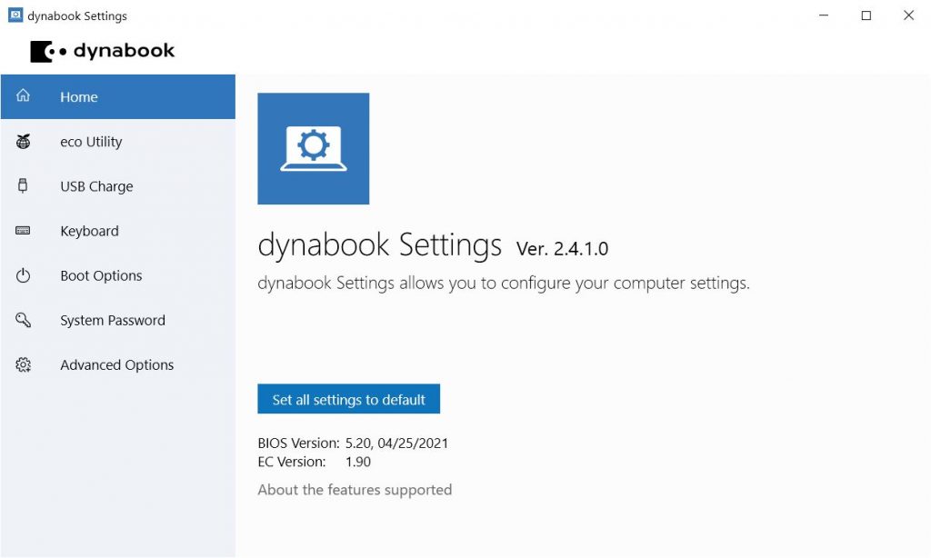 dynaBook Settings שמגיעה מותקנת ב-Portégé X40 לשליטה במערכת