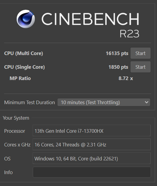 אותו מחשב Legion 7 Pro 7i, אותו מעבד, בדיקה ב-Cinbench R23 ושוב שבירת שיאים