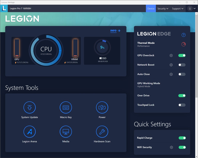 Lenovo Vantage גרסת ה-Legion ב-Legion Pro 7i
