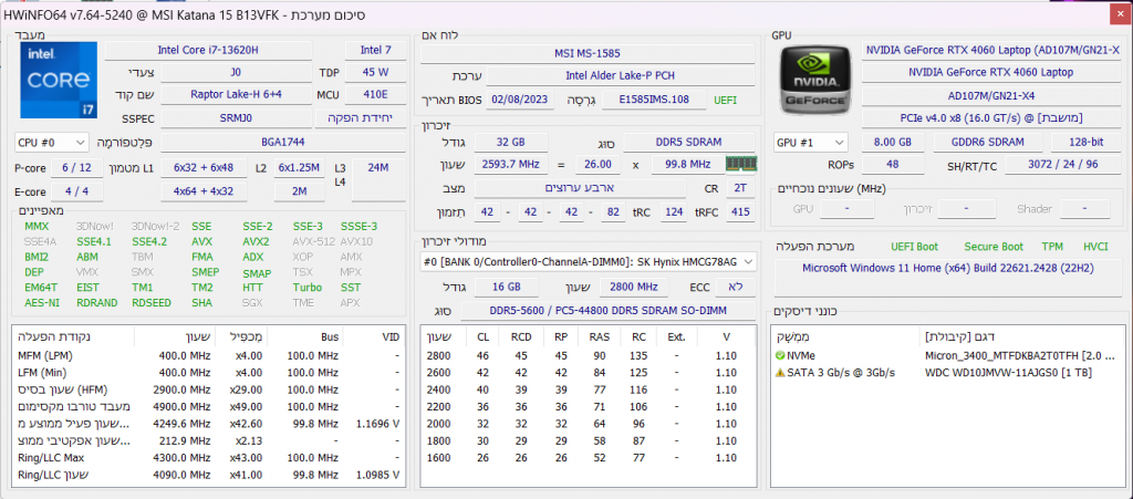 המפרט של Katana 15 B13V, נייד משחקים של MSI