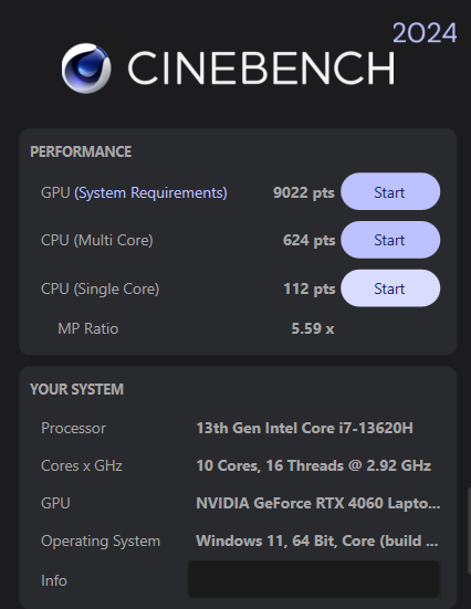 תוצאות המבחן של LOQ 15IRH8 ב-Cinebench R24 על חשמל