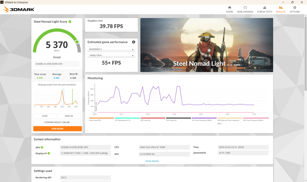 מבחן Steel Nomad Light עבור Intel Core Ultra X7 358H